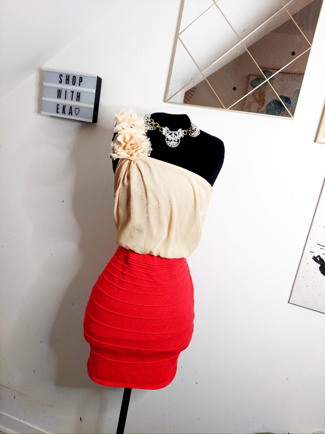 used one shoulder beige and red dress