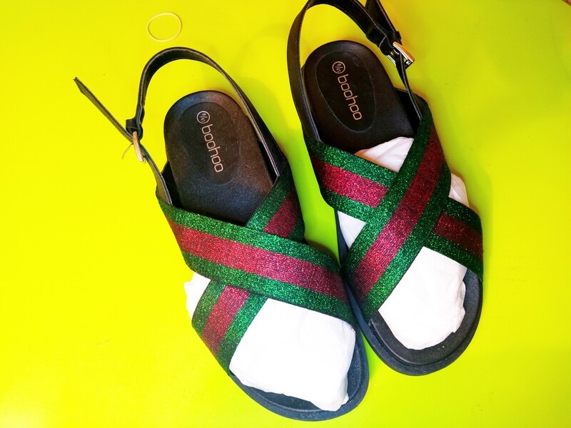 Green and red stripe sandals