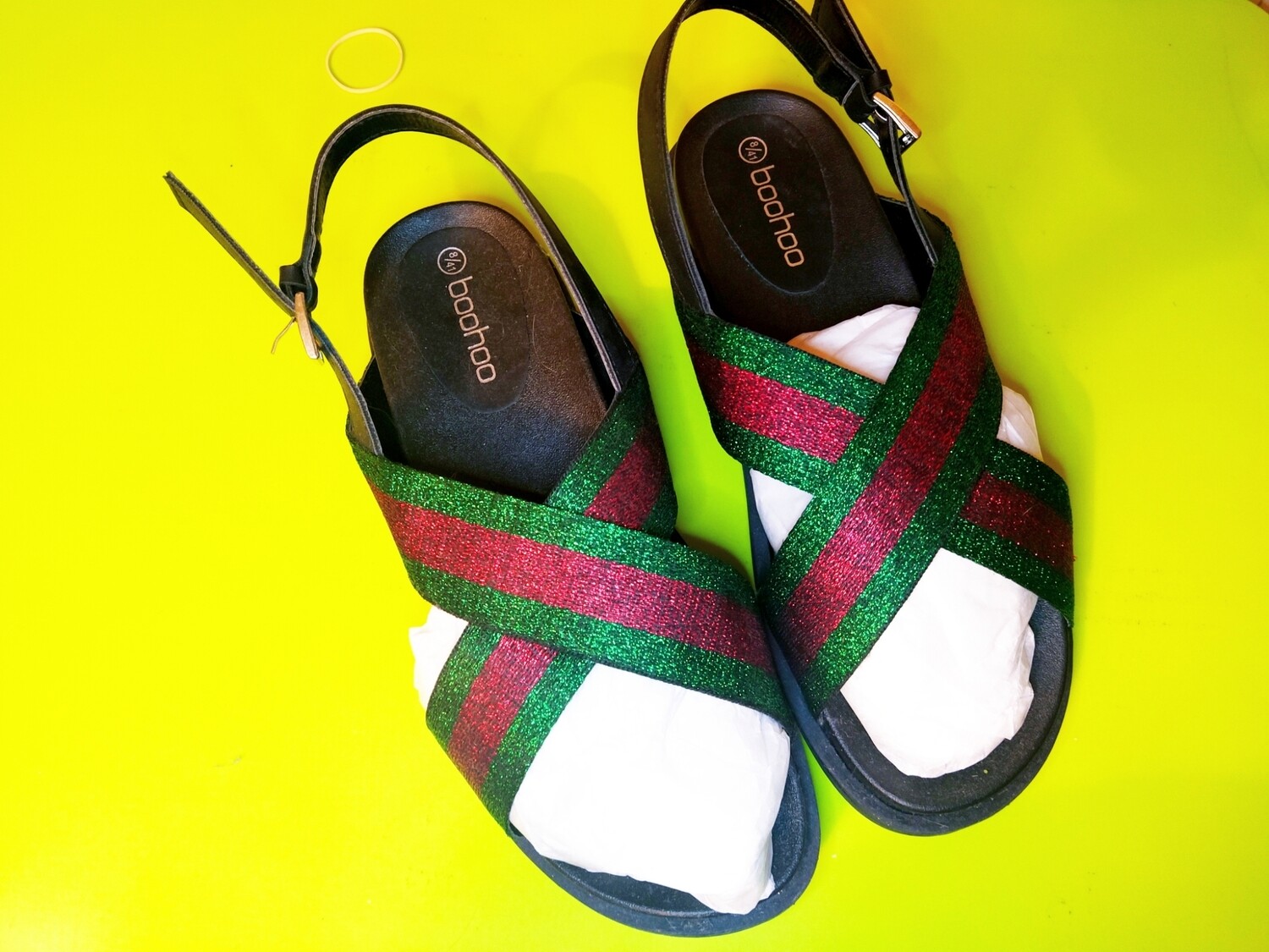 Green and red stripe sandals