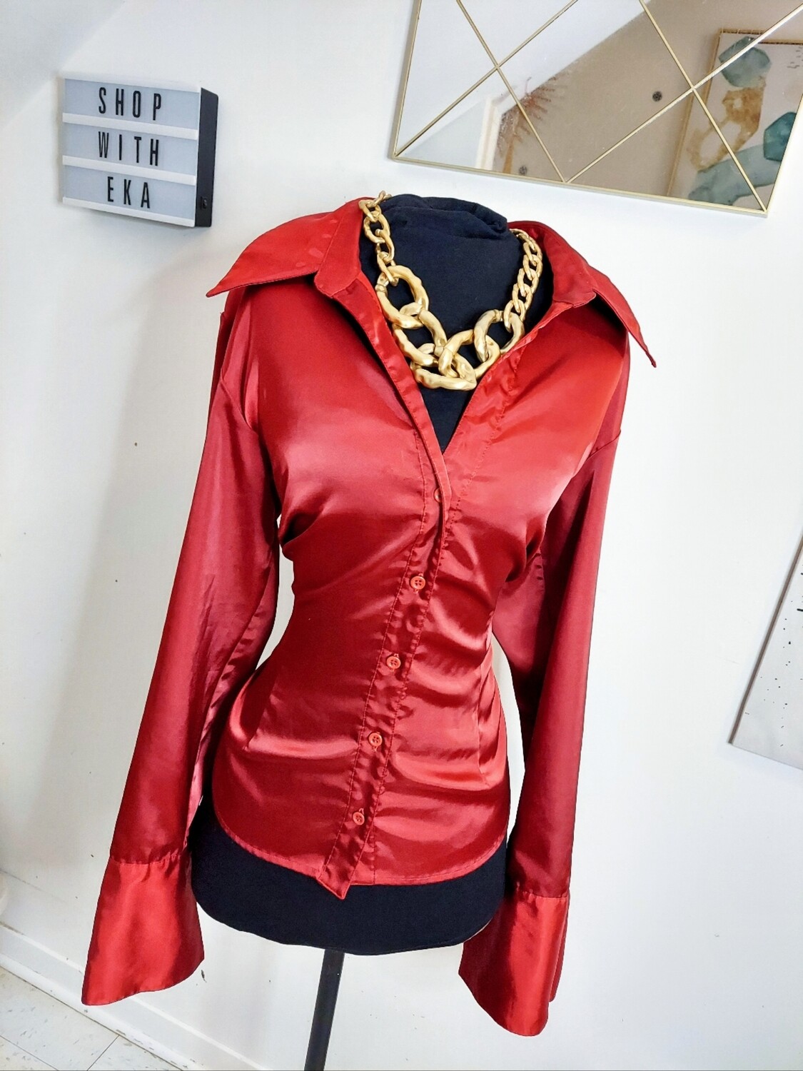 used burgundy button up long-sleeved shirt