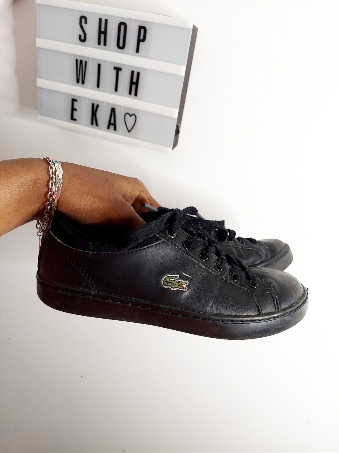 used boys black lacoste sneakers size 2
