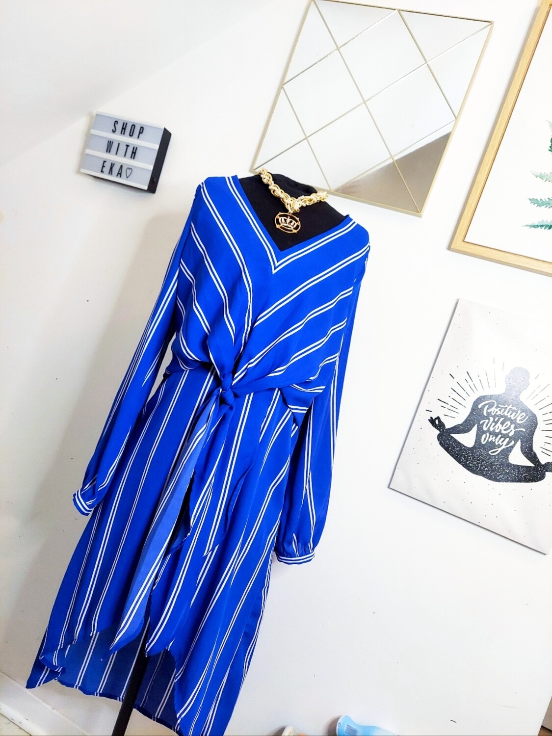 used blue summer dress with white stripes