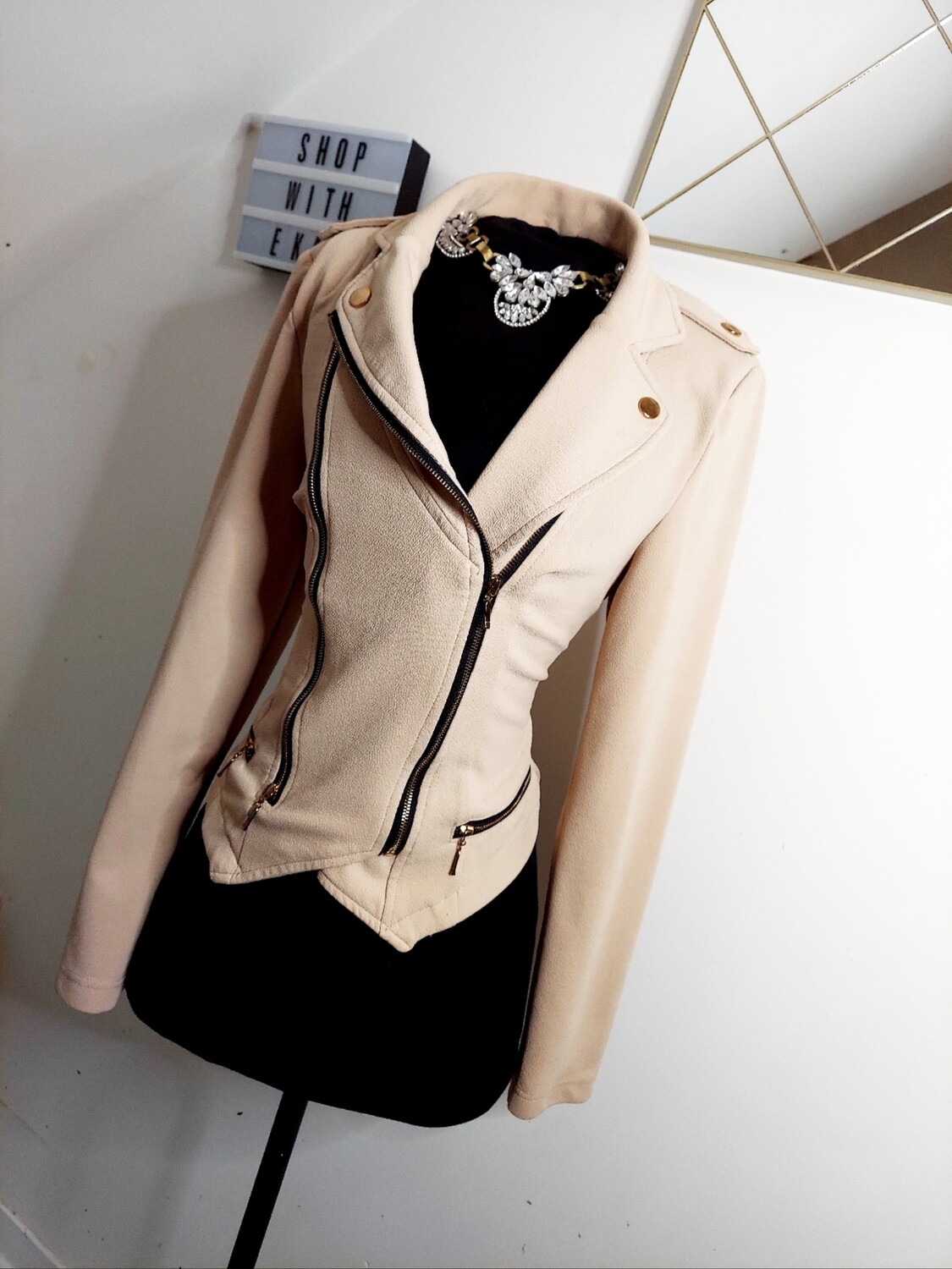 used beige moto style blazer