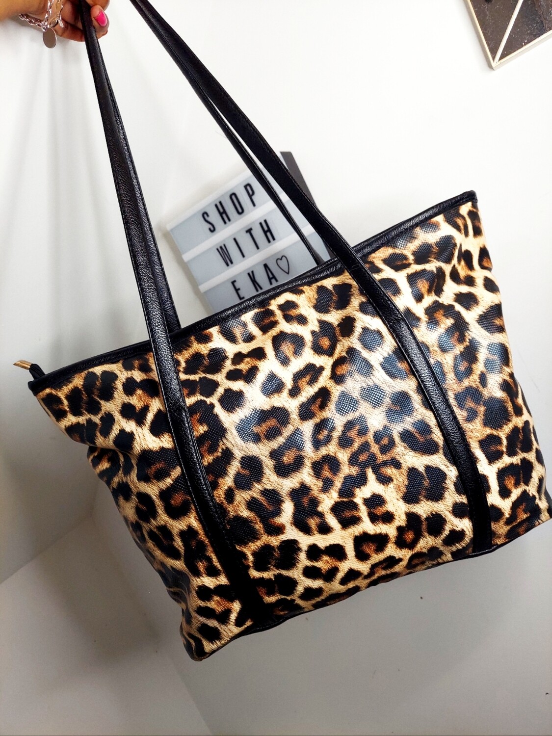 used black and leopard faux leather tote bag