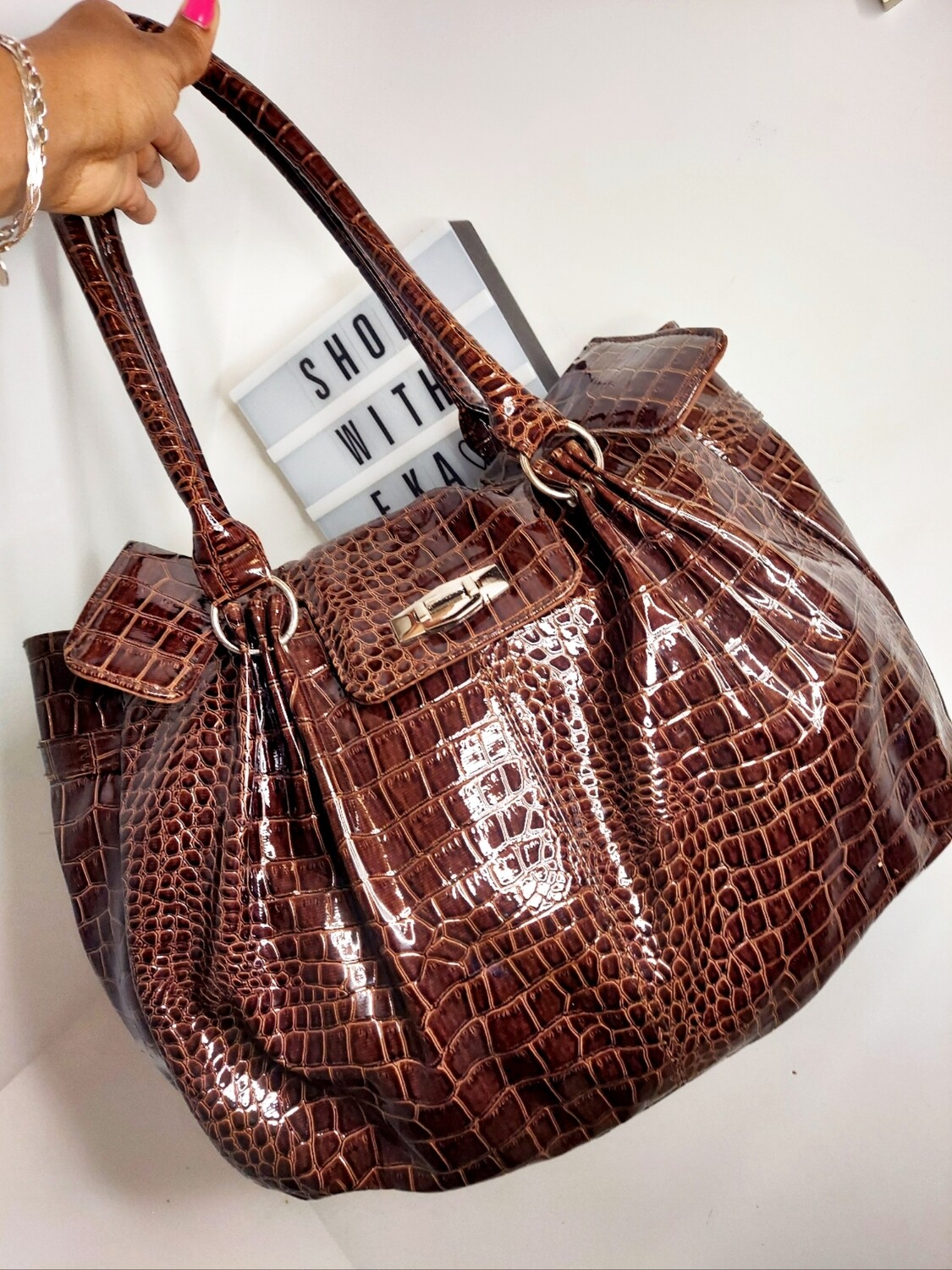 used brown faux crocodile pattern bag