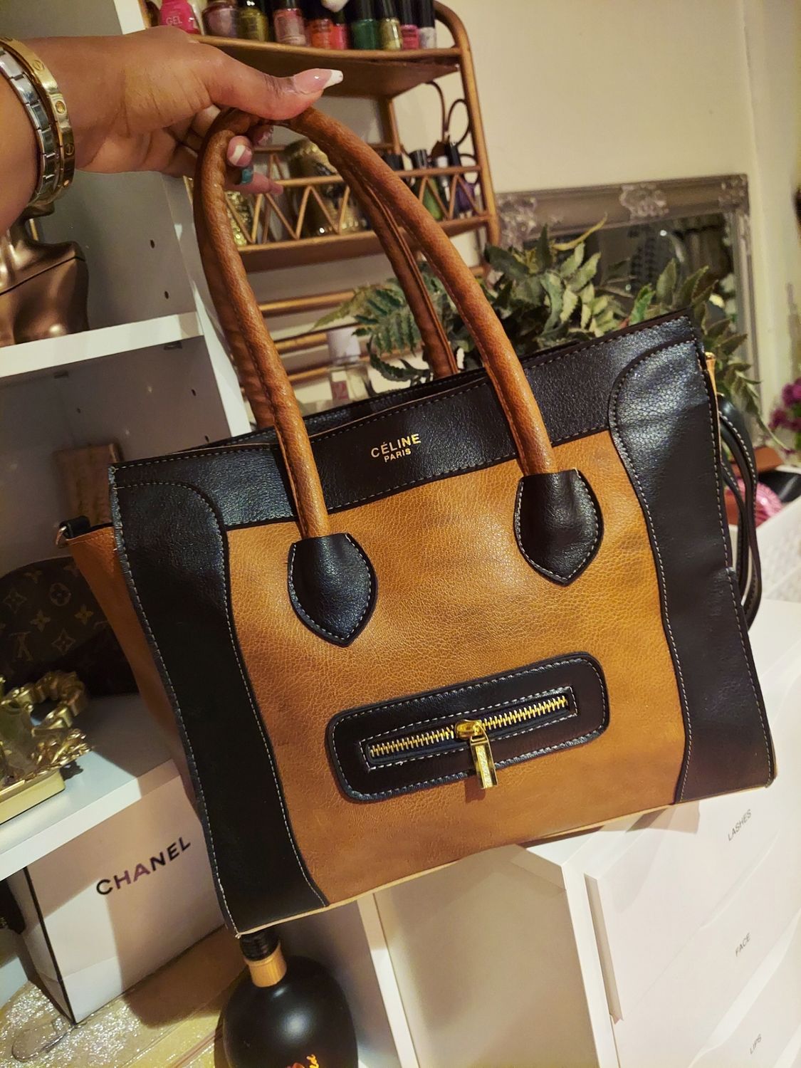 Faux leather camel and black smiley / ghost / phantom tote bag