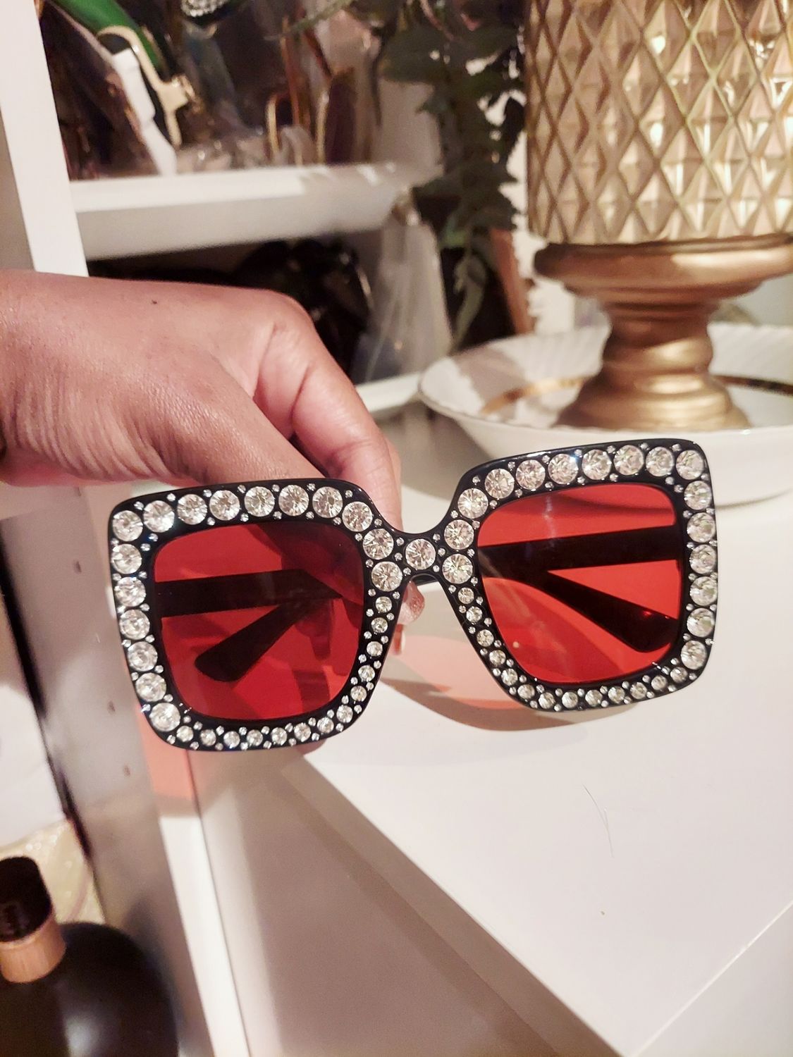 Black bling square sunglasses with red lenses