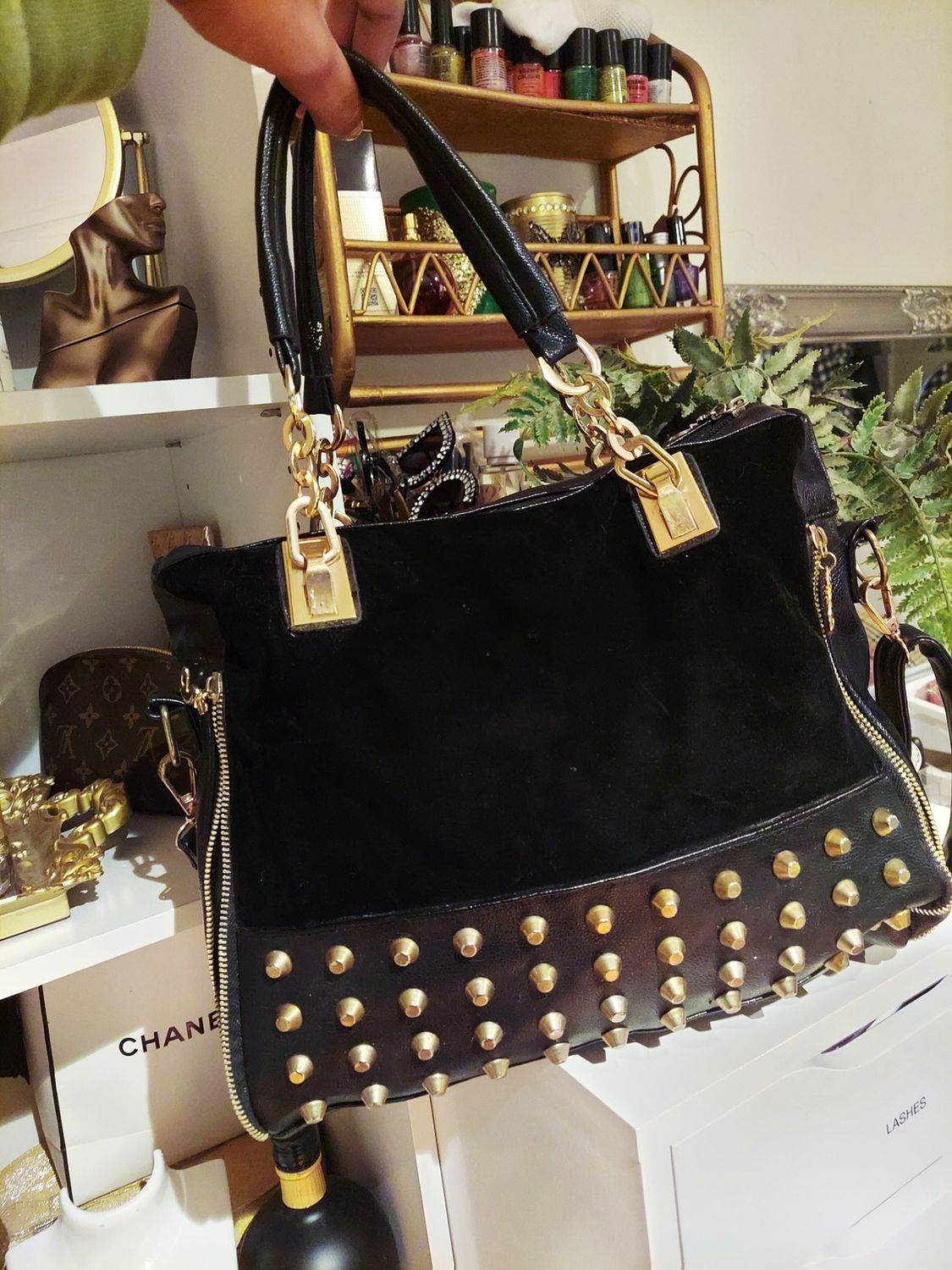 Faux leather suede like bag with gold studs