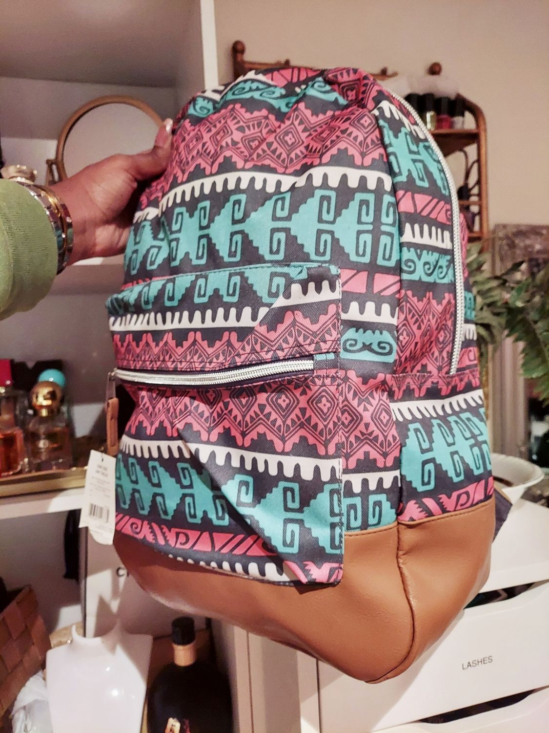 NEW Colorful bohemian tribal boho aztek backpack with tan faux leather bottom