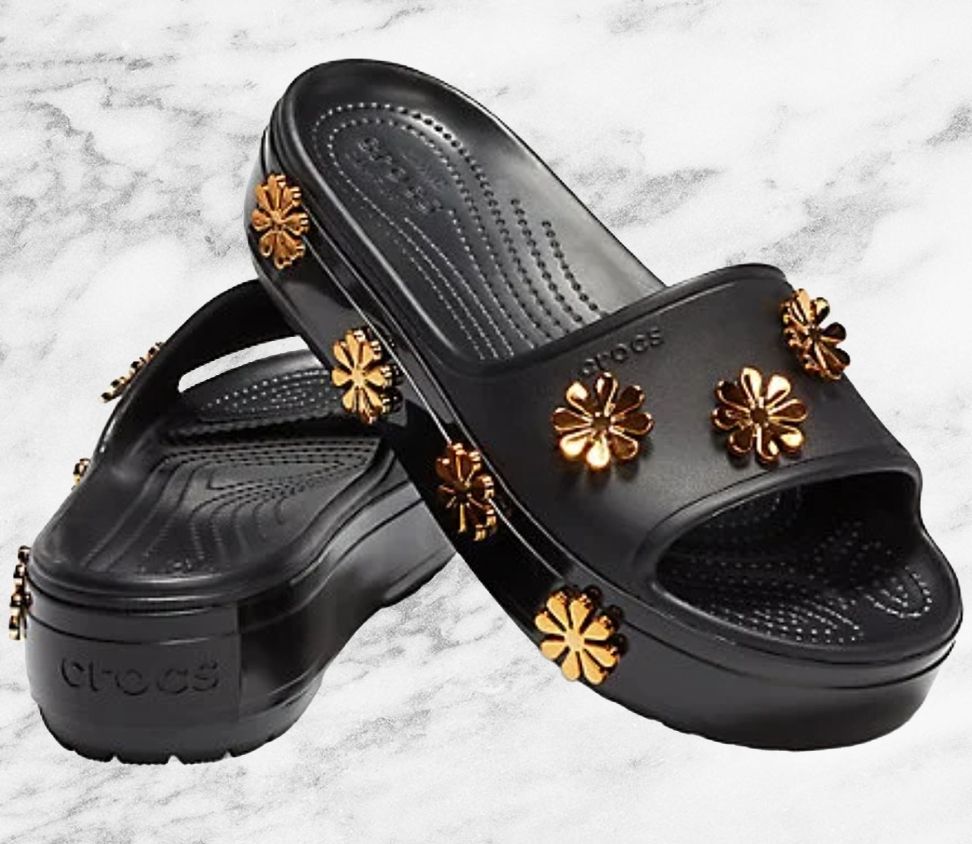 NEW Black croc platform gold metallic bloom slides