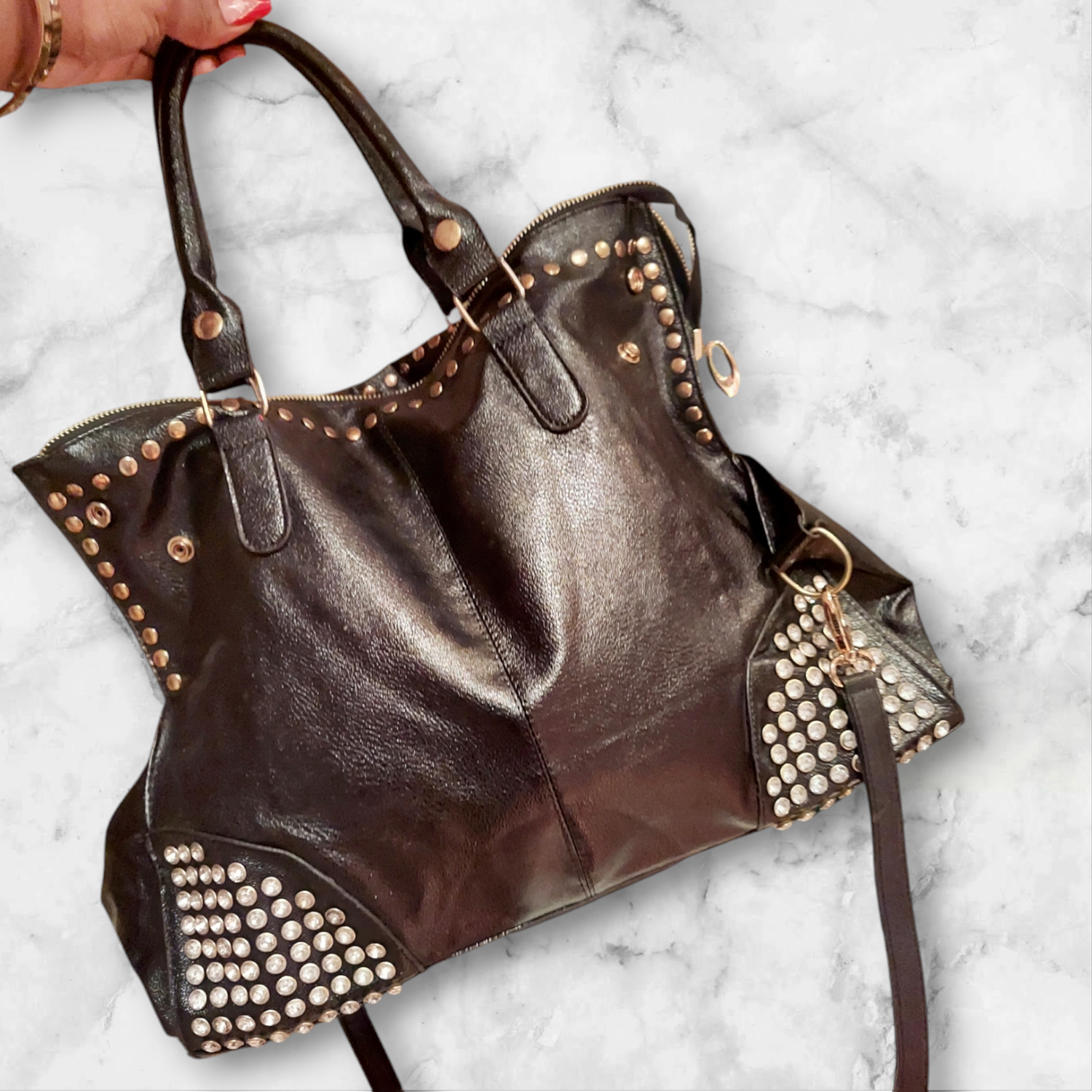 Large black faux leather bag with gold rivets and rhinestones