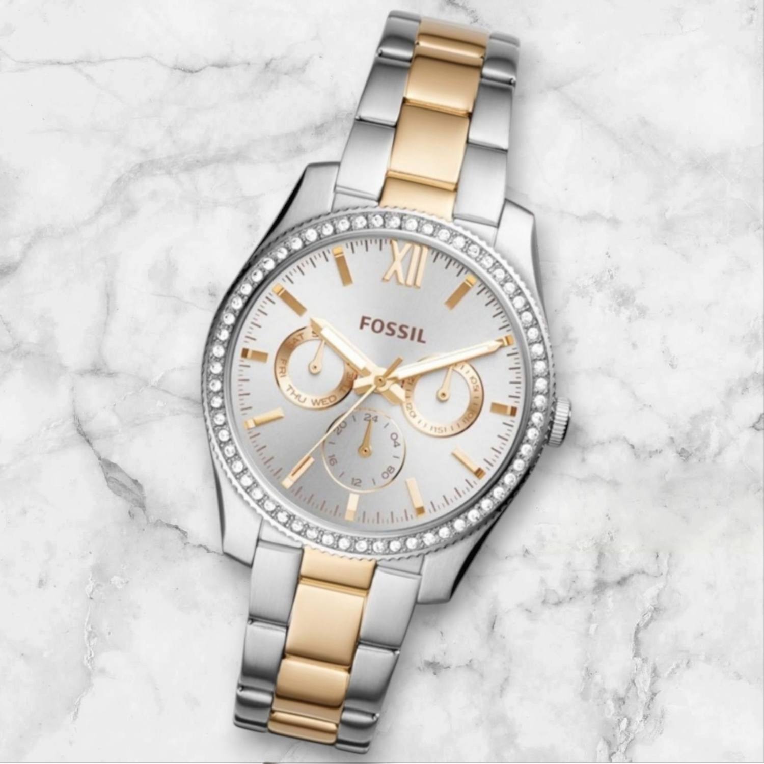 Used fossil silver and gold bling watch
