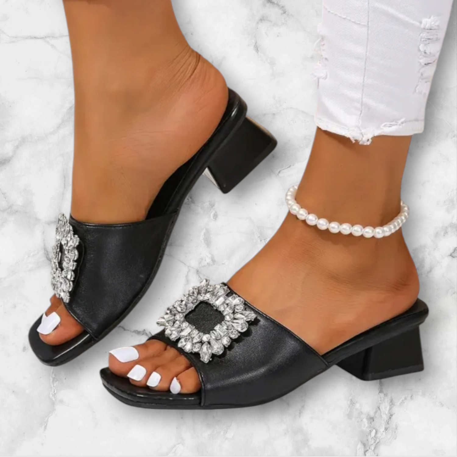 Black block kitten heel sandal with large gem