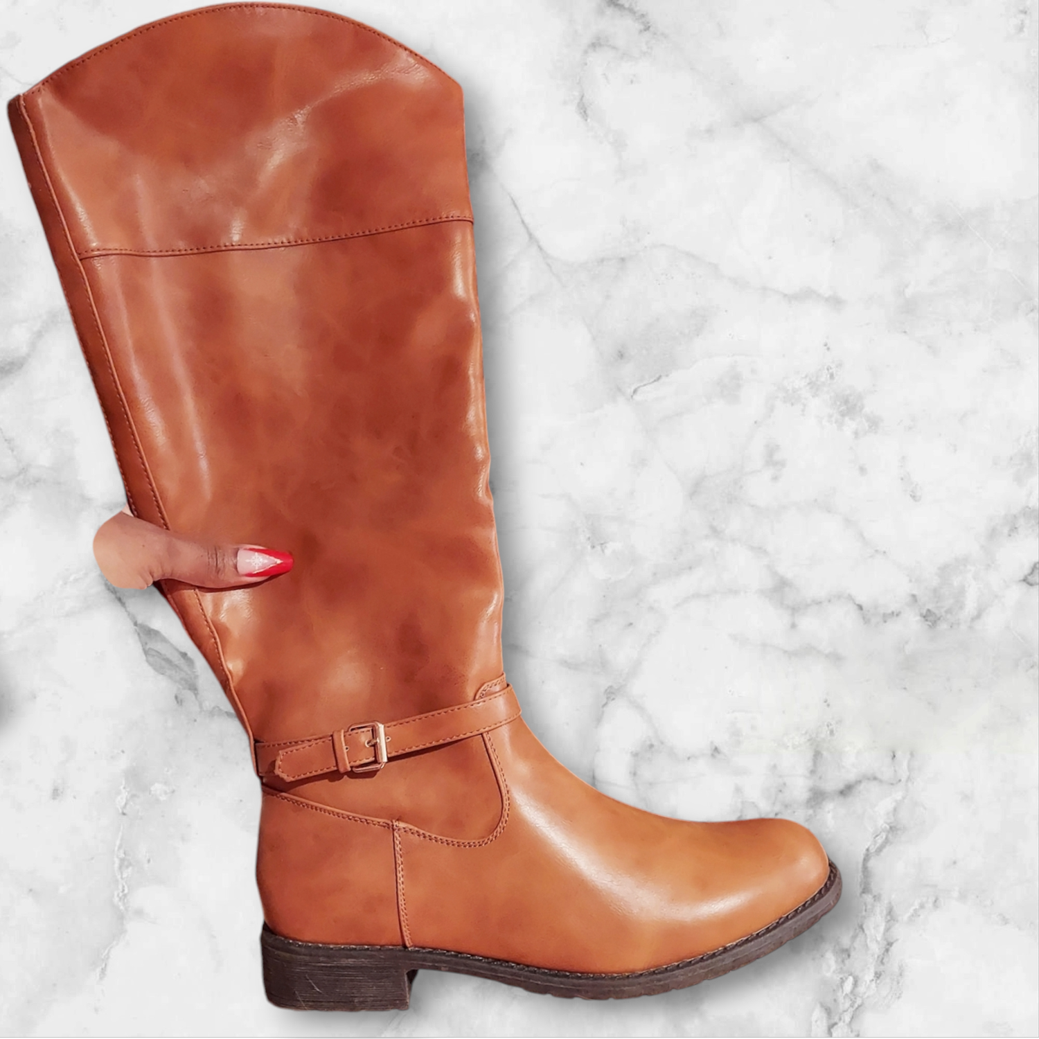 New tan knee-high single buckle riding style boots