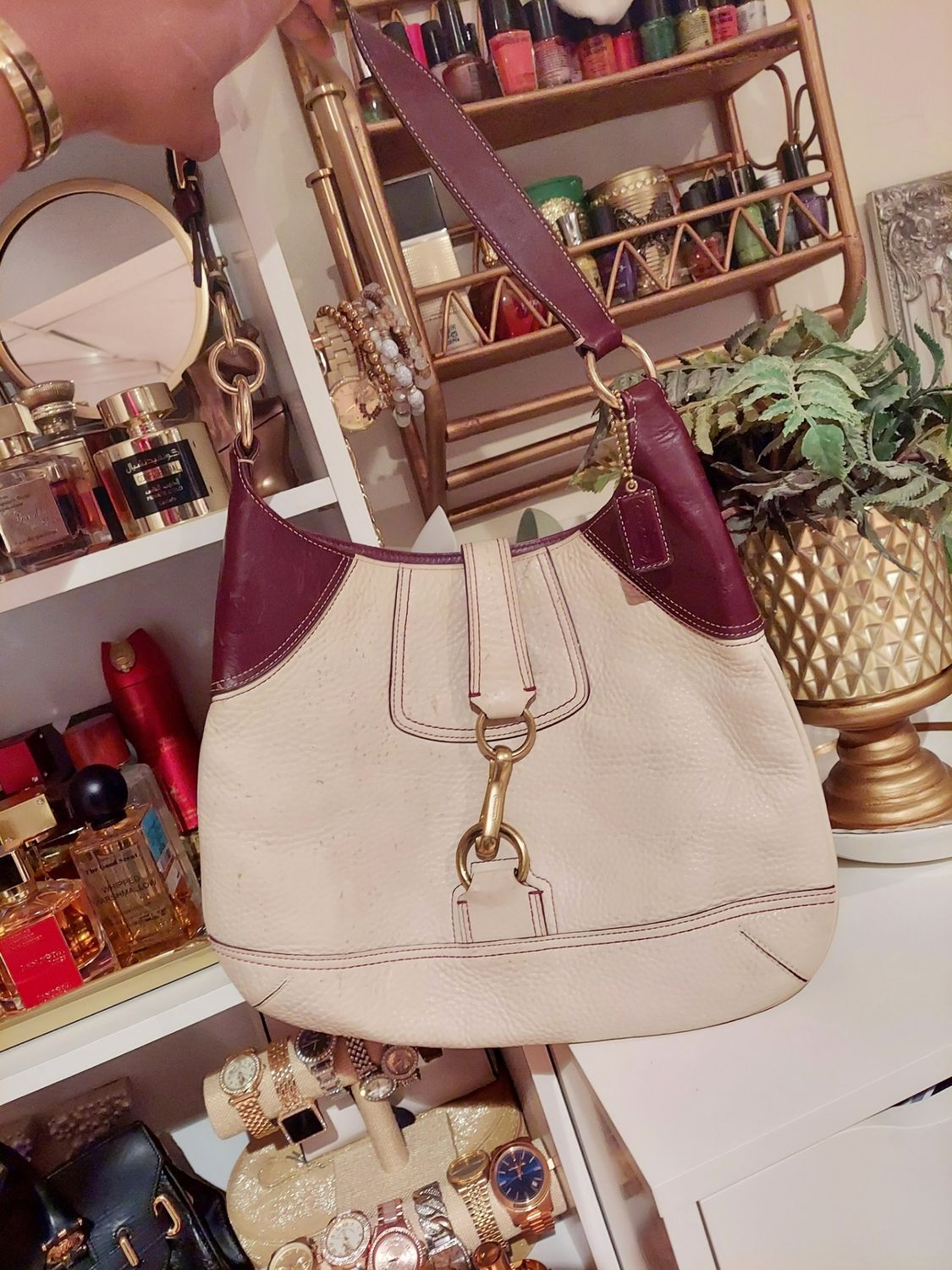 Vintage Coach Hampton Cream Pebbled Leather Clip Tote Bag Purse