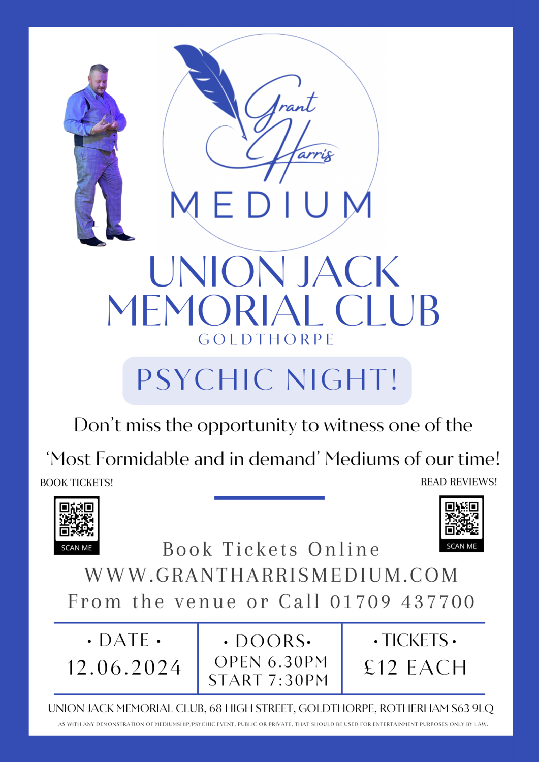 Psychic Night | Union Jack Memorial Club, Goldthorpe, Wed 12th June 2024