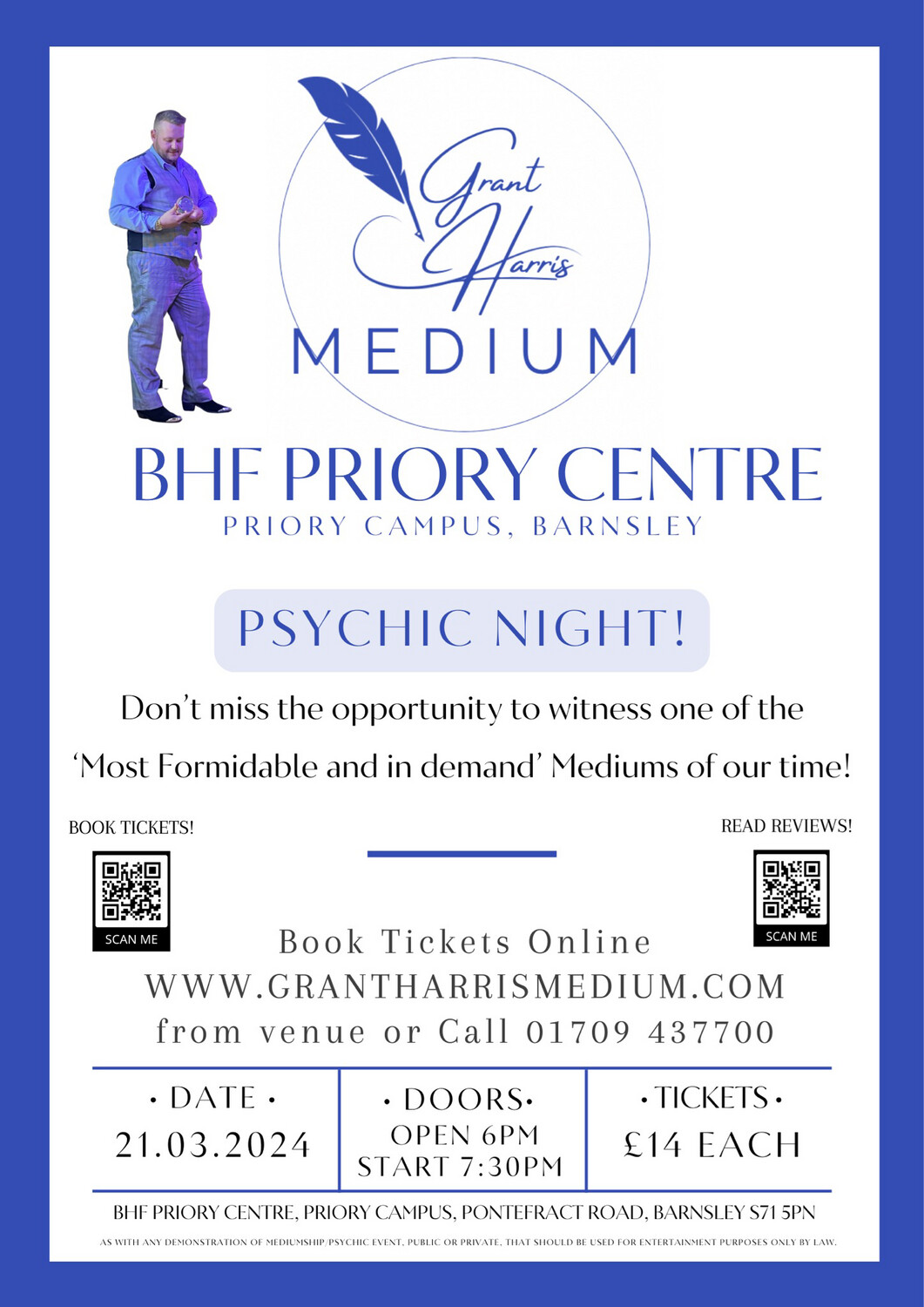 Psychic Night | BHF Priory Centre, Barnsley, Thu 21st March 2024