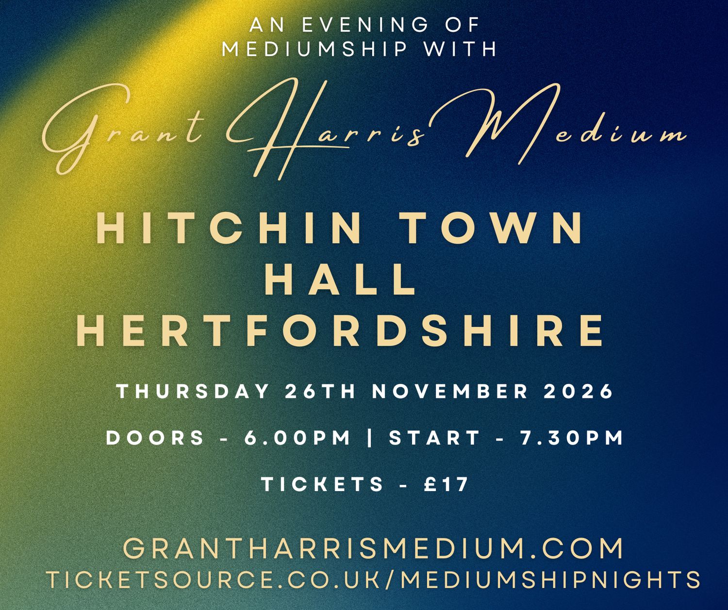 Psychic Night | Hitchin Town Hall, Hertfordshire | 26.11.2026 - TICKETS AVAILABLE ON TICKETSOURCE - BOOK ON LINK PROVIDED!