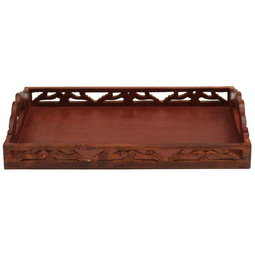 Carved Wooden Serving Tray, With Handles - Benzara
