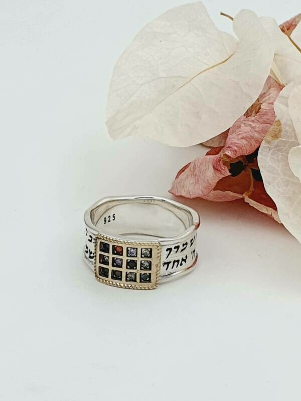 Hoshem Ring, Shema Israel Ring 9 kt Gold &amp; 925 Sterling Silver, Priestly Breast Plate Birkat Kohanim Ring, Men Women Jewelry