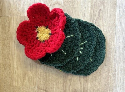 Crochet Flower And Leaf Coaster Set