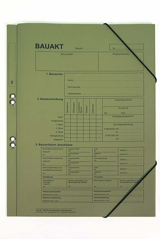 Bauaktmappe mit Bauaktdruck, Eckspanner
