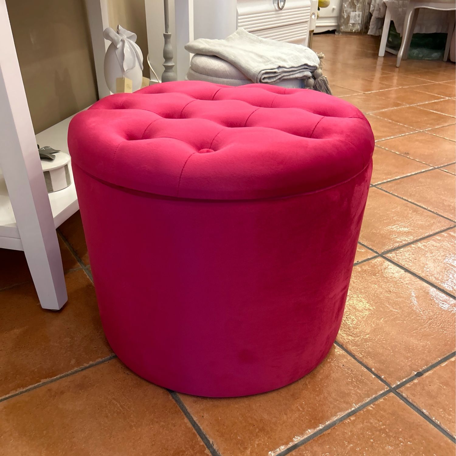 Pouf cilind. Portascarpe velluto Fuxia diametro 50 H 43 in saldo