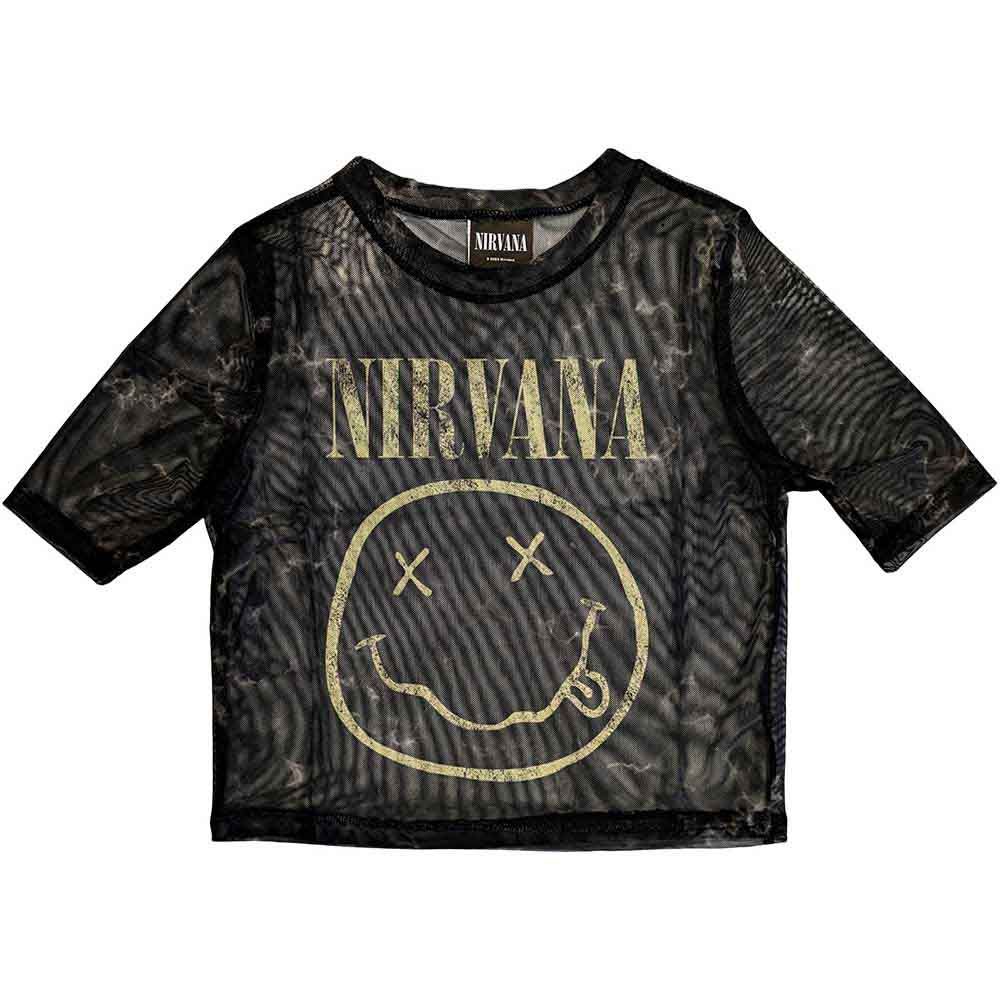 NIRVANA LADIES CROP TOP: YELLOW HAPPY FACE (BLACK) (MESH)