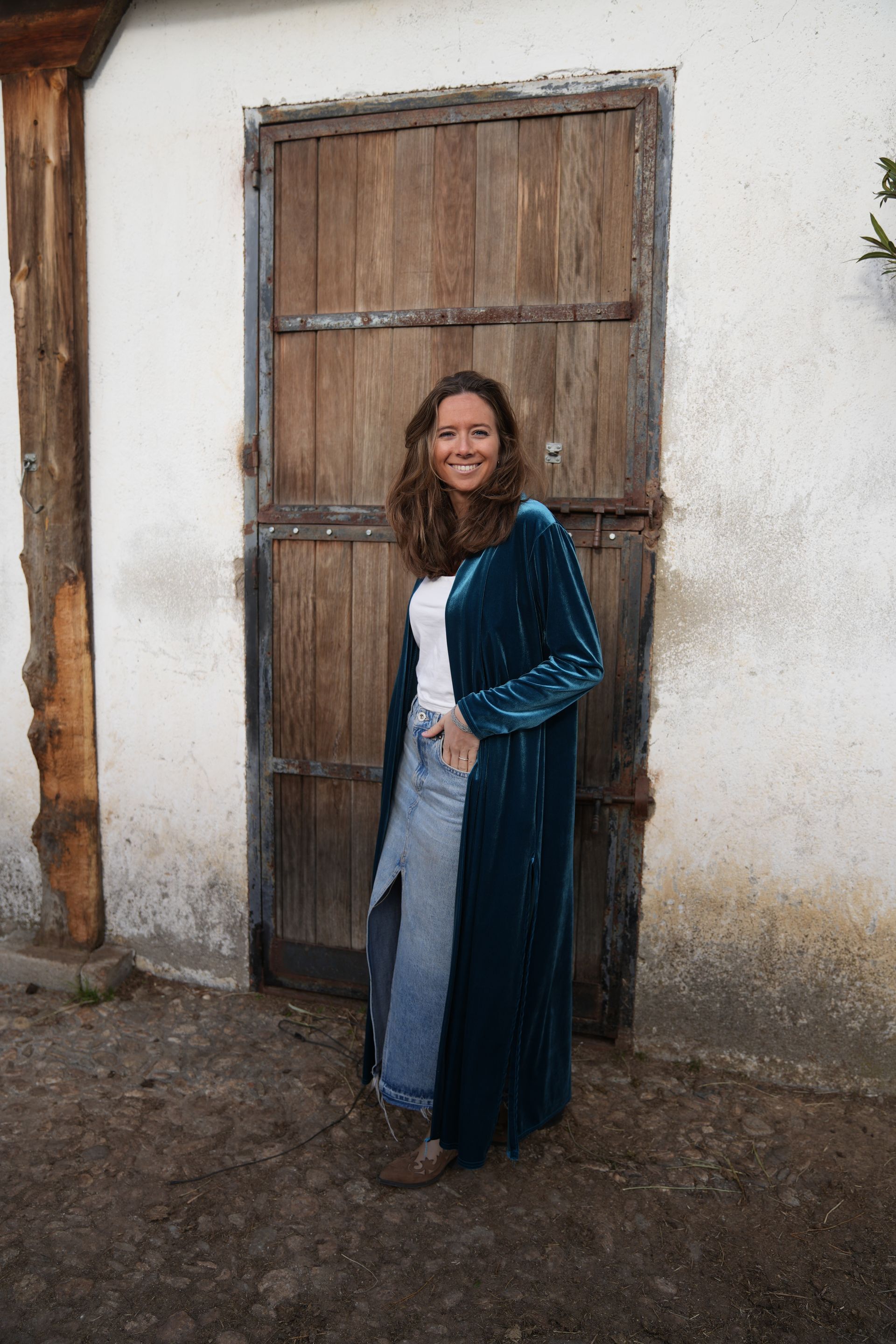 Abrigo terciopelo largo azul turquesa