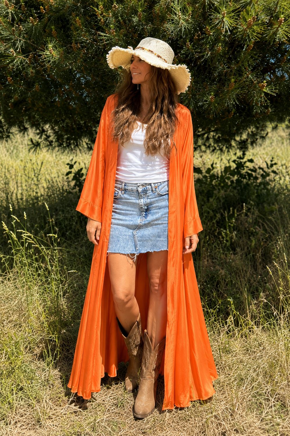 Kimono largo satén Januri naranja