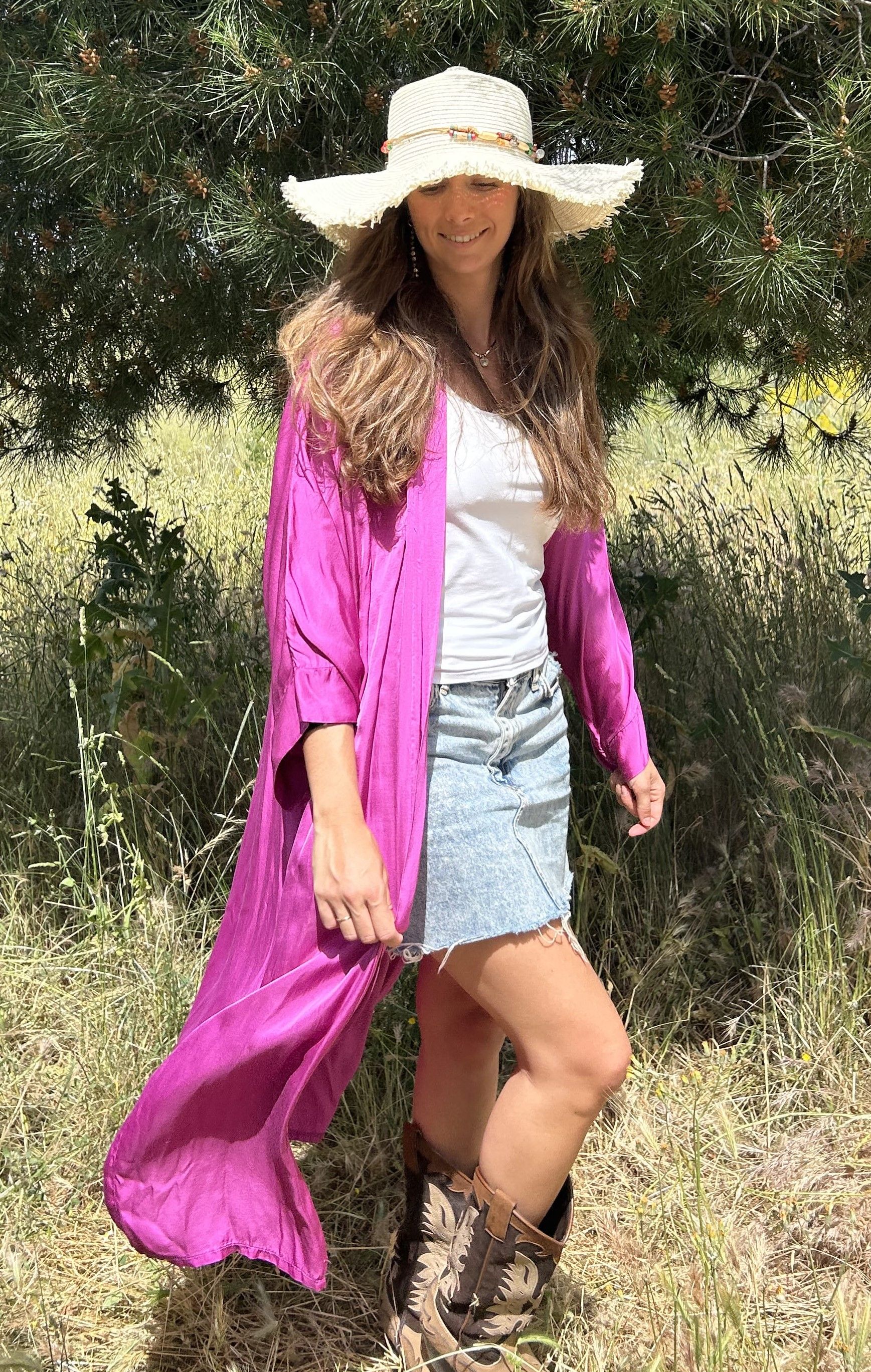Kimono largo satén Januri Buganvilla