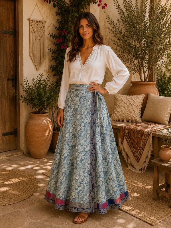Falda Mandalay gris, blanco, azul y fucsia