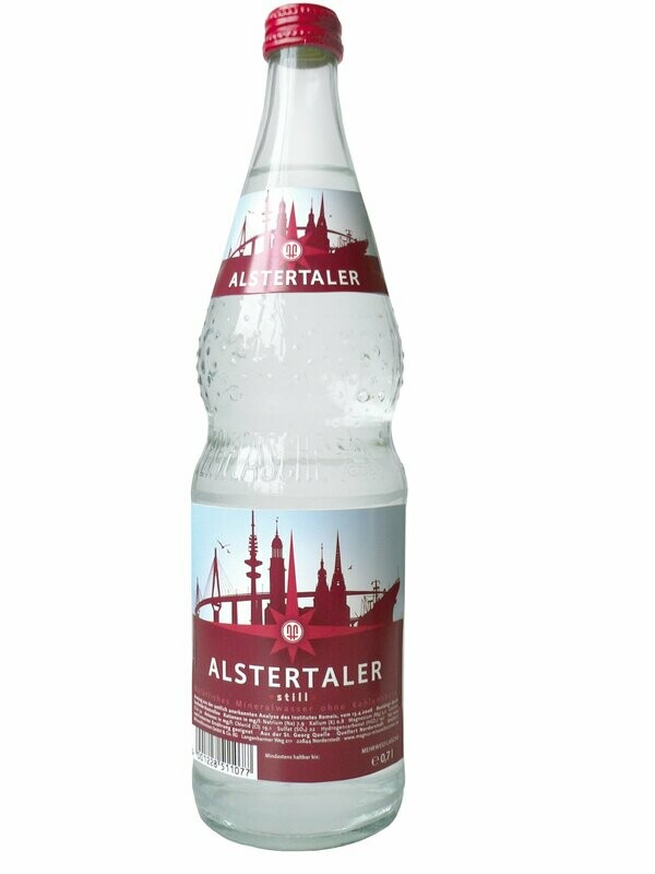 Alstertaler Still
(12x 0,7l FL / Glas / 5,79 € inkl. MwSt. zzgl. Pfand) Alstertaler Still
(12x 0,7l FL / Glas / 5,79 € inkl. MwSt. zzgl. Pfand)