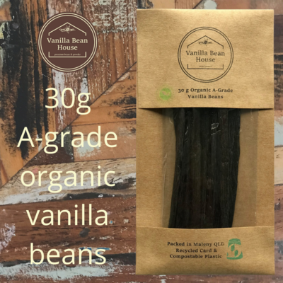 Vanilla Beans - Organic Plump A-Grade - 30g, eco-friendly recycled card and home-compostable packaging
