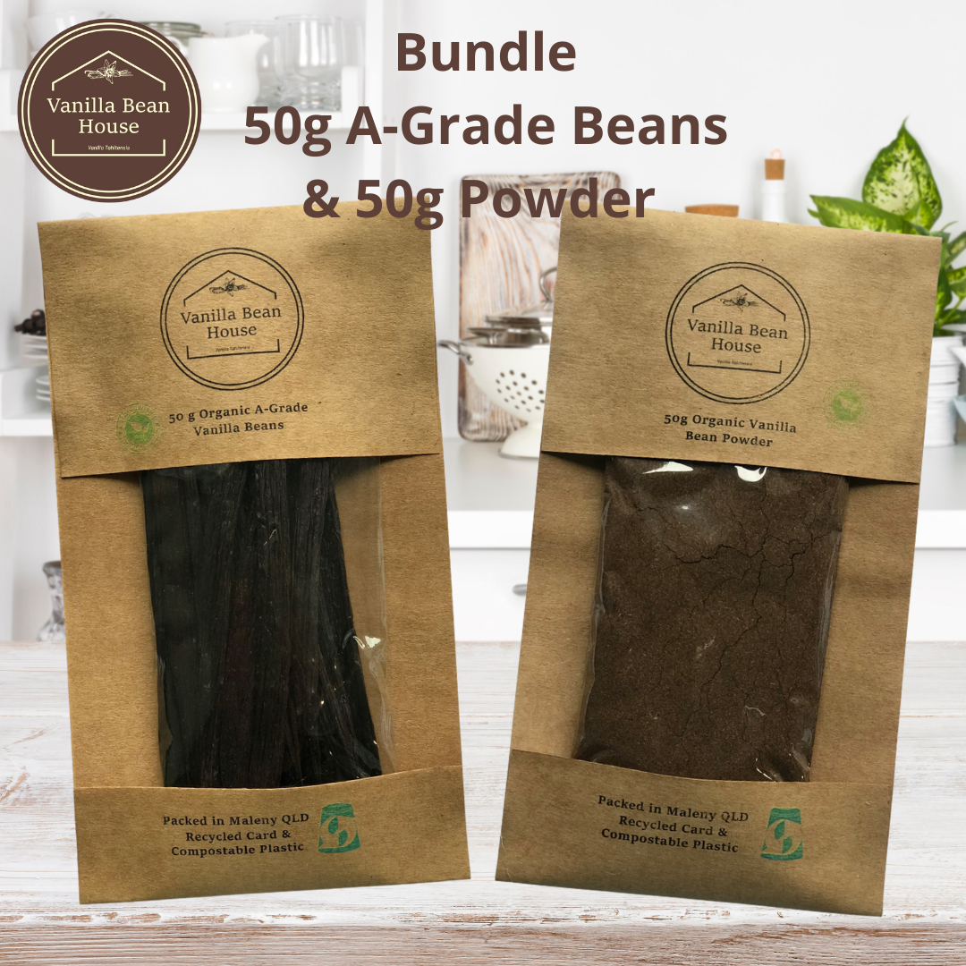 Bundle - Vanilla Beans A-Grade, 50g & Vanilla Powder, 50g - Organic, eco-friendly recycled card and home-compostable packaging