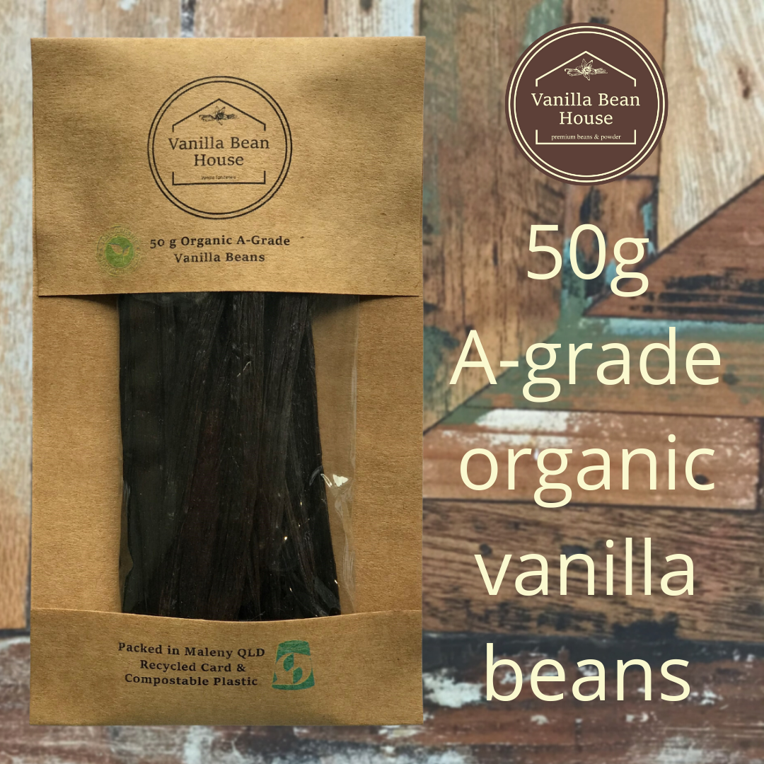 Vanilla Beans - Organic Plump A-Grade - 50g, eco-friendly card and compostable packaging
