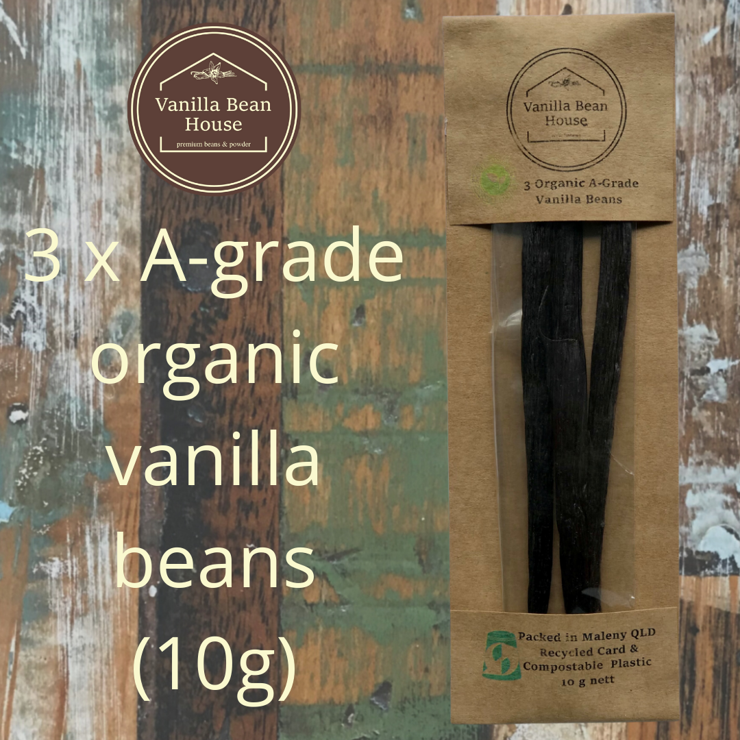 Vanilla Beans - Organic Plump A-Grade - 3 Plump (10g nett), eco-friendly recycled card and home-compostable packaging