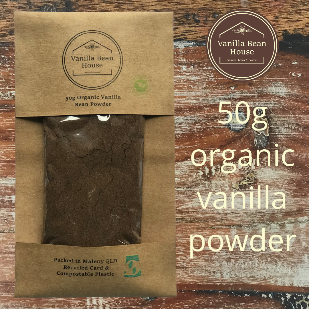 Vanilla Bean Powder - Organic 50g, eco-friendly recycled card and home-compostable packaging