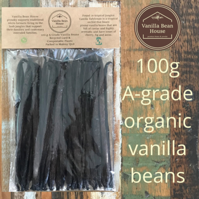 Vanilla Beans - Organic Plump A-Grade - 100g, eco-friendly recycled card and home-compostable packaging