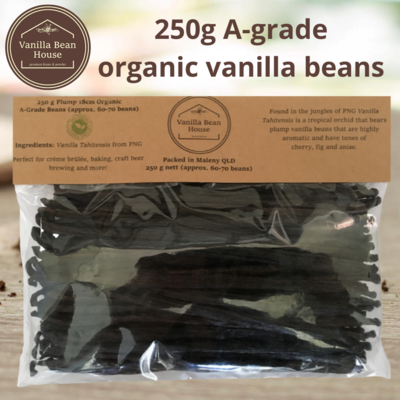 Vanilla Beans - Organic Plump A-Grade - 250g, eco-friendly recycled card and home-compostable packaging