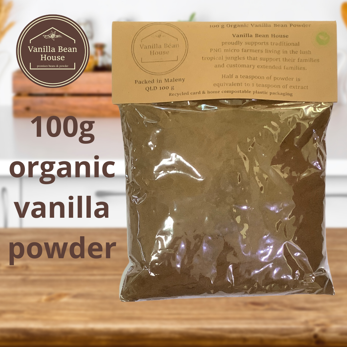Vanilla Bean Powder - Organic 100g, eco-friendly recycled card and home-compostable packaging
