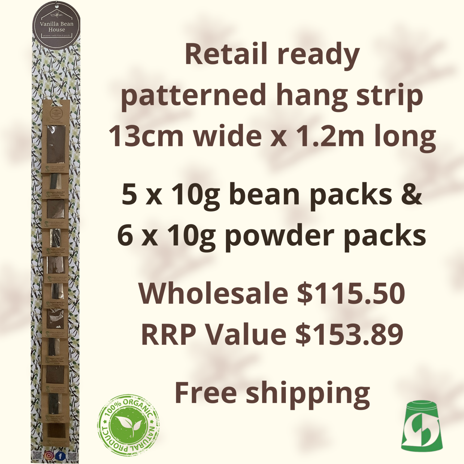 Vanilla Beans & Powder - Retail Ready Hang Strip - 11 packs 5 x 10g bean packs & 6 x 10g powder packs