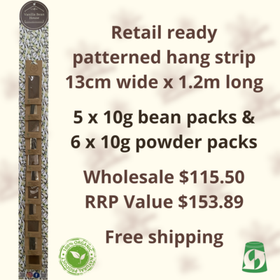 Vanilla Beans & Powder - Retail Ready Patterned Hang Strip - 11 packs 5 x 10g bean packs & 6 x 10g powder packs - organic, eco-friendly recycled card and home-compostable packaging