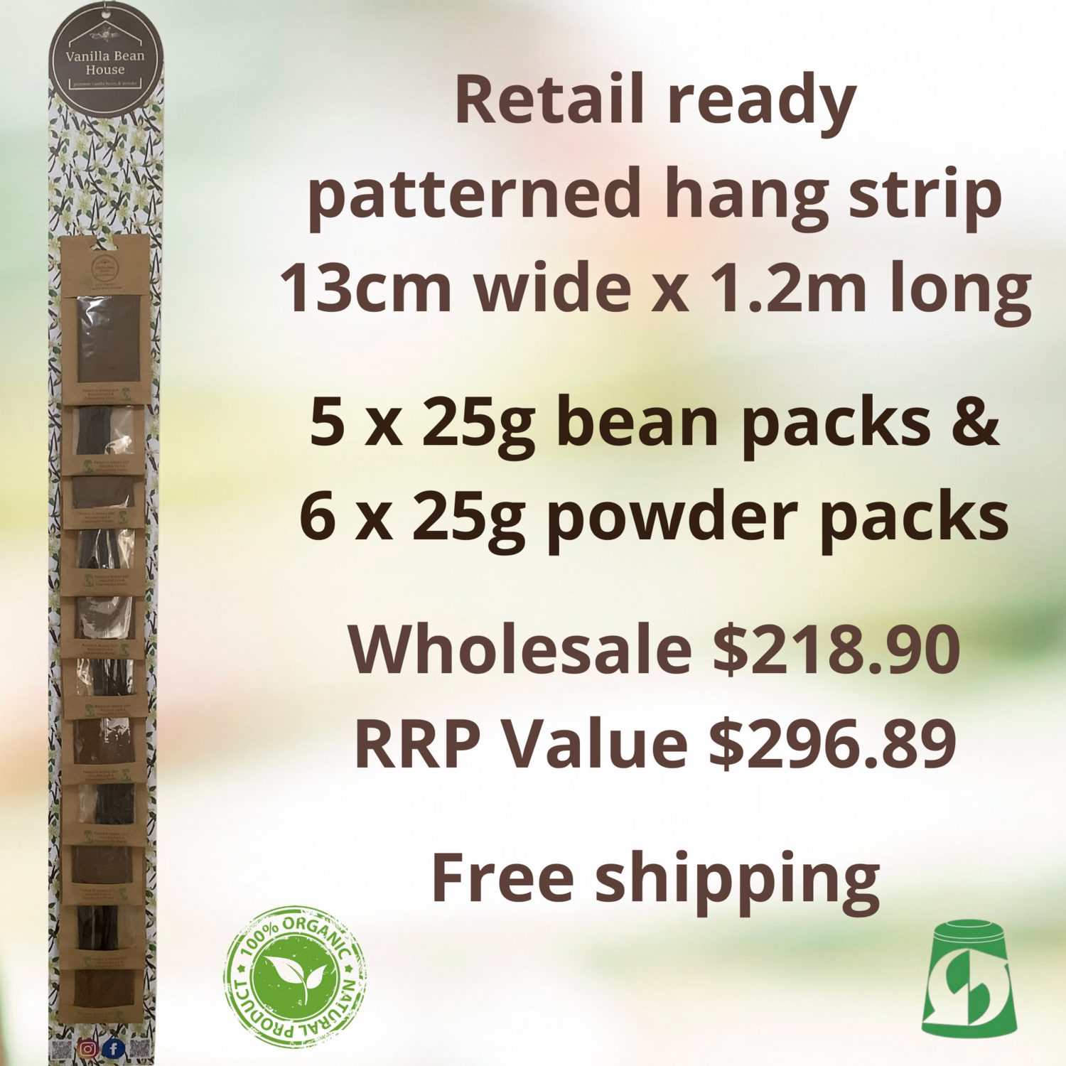Vanilla Beans & Powder - Retail Ready Patterned Hang Strip - 11 packs 5 x 25g bean packs & 6 x 25g powder packs - organic, eco-friendly recycled card and home-compostable packaging