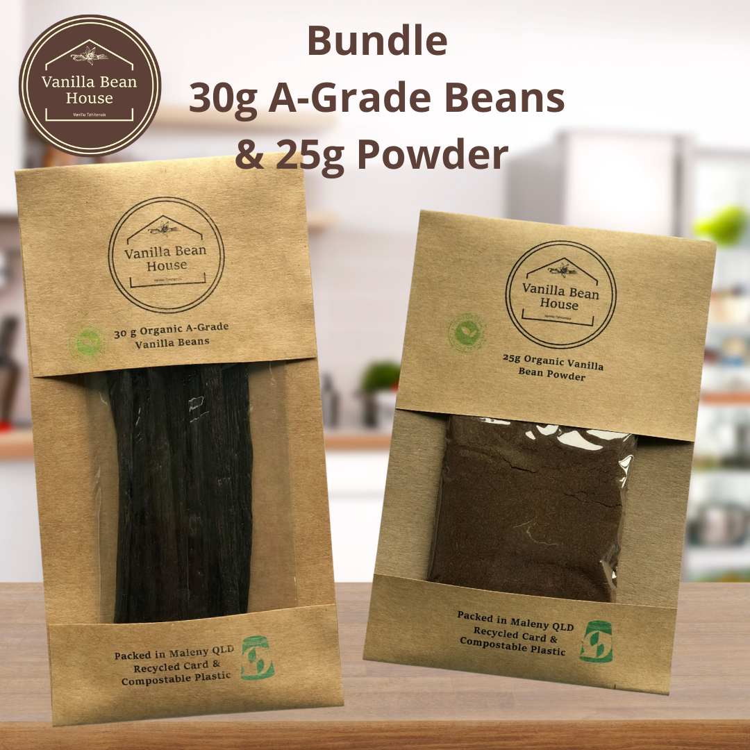 Bundle - Vanilla Beans A-Grade - 30g & Vanilla Powder - 25g - Organic, eco-friendly recycled card and home-compostable packaging