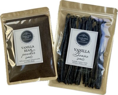 100g Value Bundle - 100g each of Organic Vanilla Beans and Ground Vanilla Powder.