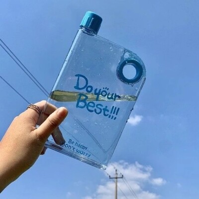 380ml Flat Water Bottle A5 Memo Notebook Plastic Transparent Leak Proof Sport Travel Water Bottle. زجاجة مياه نوت بوك اكريلك شفاف