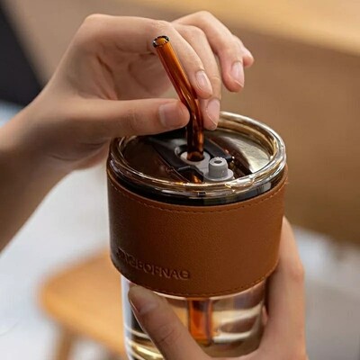 450ml Glass Straw Cup Coffee Mug with Lid Tumbler كوب بيركس حراري بالغطاء و الشاليموه