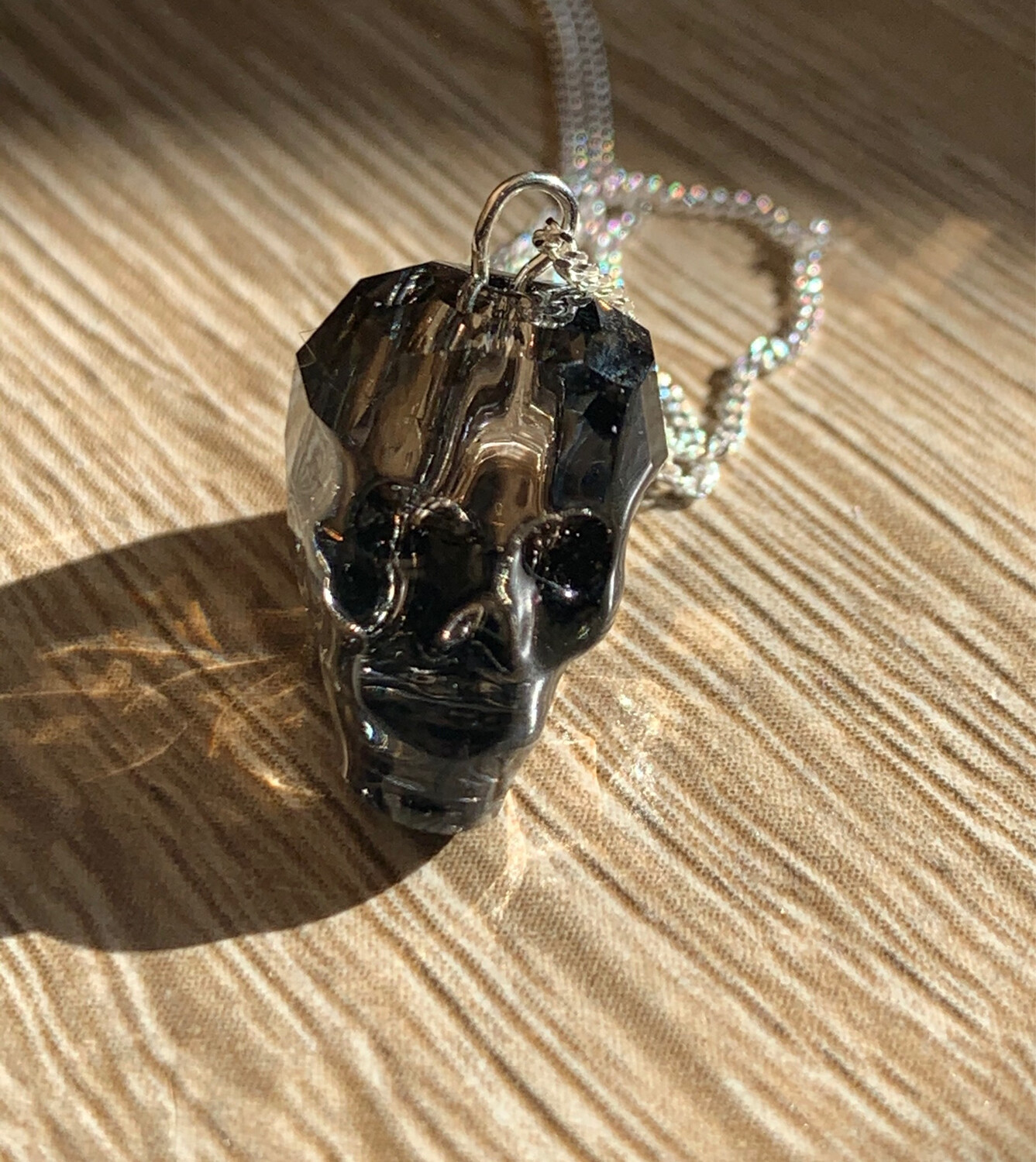 Gunmetal silver crystal skull necklace