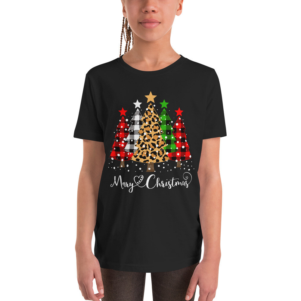 Youth Leopard Buffalo Plaid Christmas Tree Short-Sleeve Tee